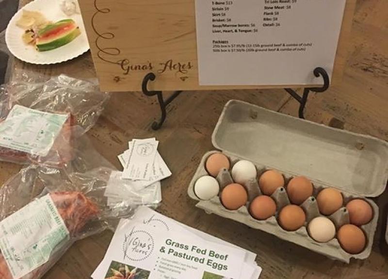 Eggs and grass fed beef available at weekley Harvest Green's Farmers Market.