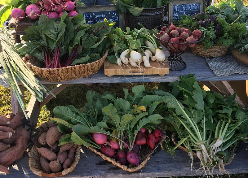 A beautiful organic vegetable stand sells in a Richmond, TX Farmers Market.