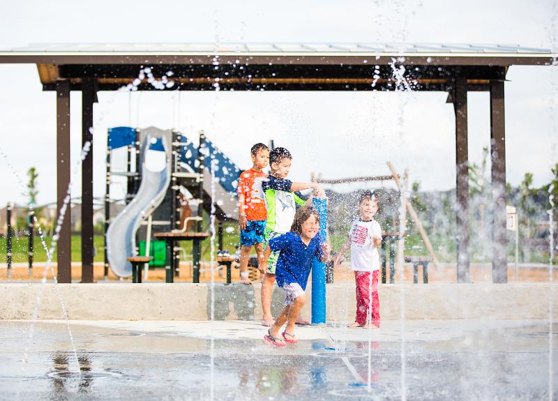 A group of children play and run at Harvest Green's splash pad.