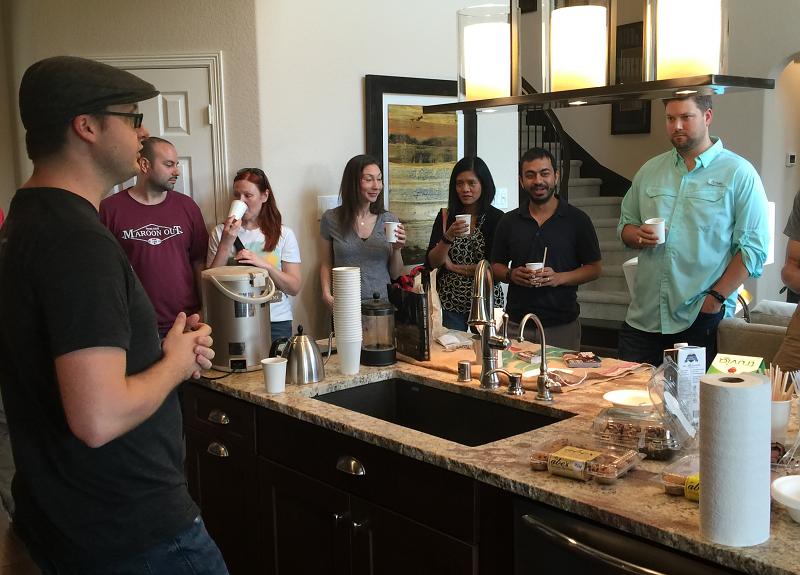 Coffee and tea tasting in a Harvest Green model home for residents.